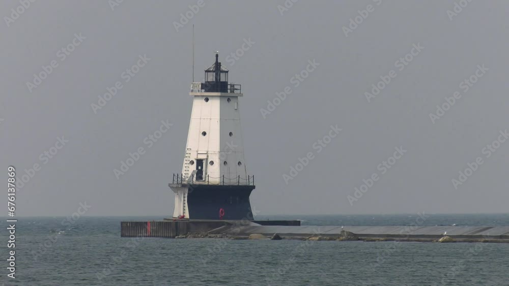 Ludington lighthouse on Lake Michigan. Wide shot from the shore of the lighthouse. Heavy waves can be seen breaking over. Shot on a very smoky day as Canadian wildfire smoke moved in.