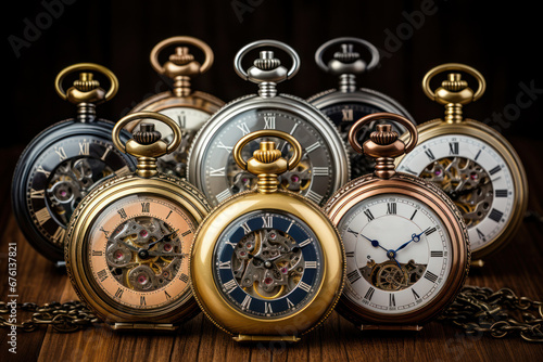 A collection of antique pocket watches, representing an era when timekeeping was a fine art. Generative Ai.