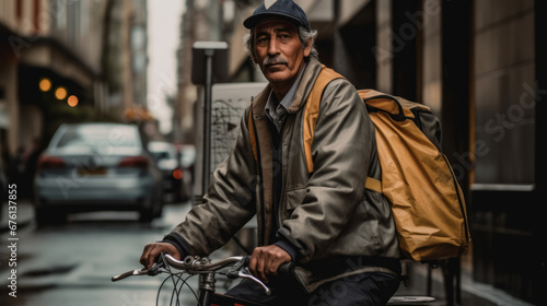 Delivery Man Riding Bike. Male cyclist riding in the city. Delivery man riding bike delivering food and drink in town outdoors on stylish bicycle with backpack. Delivery concept. Food concept. Cycling