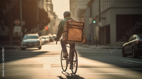 Delivery Man Riding Bike. Male cyclist riding in the city. Delivery man riding bike delivering food and drink in town outdoors on stylish bicycle with backpack. Delivery concept. Food concept. Cycling