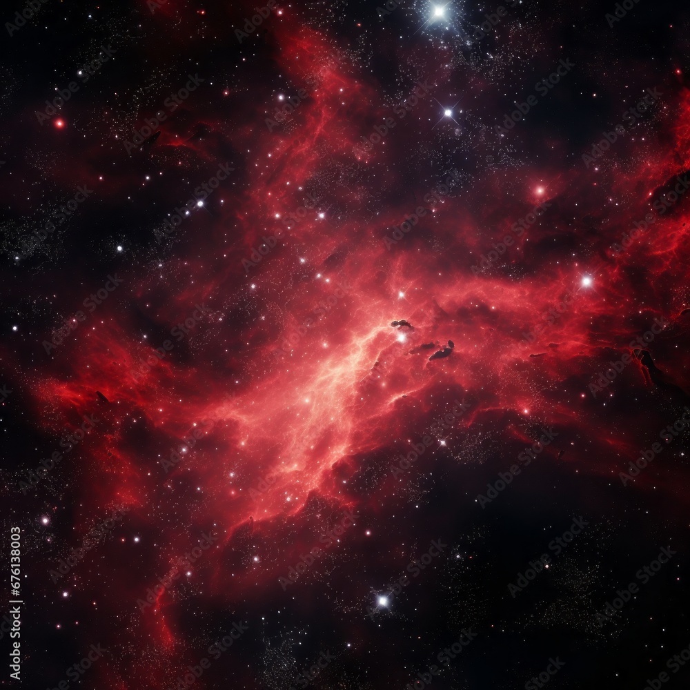 A cosmic expanse filled with stars, planets, and constellations, predominantly bathed in red hues.