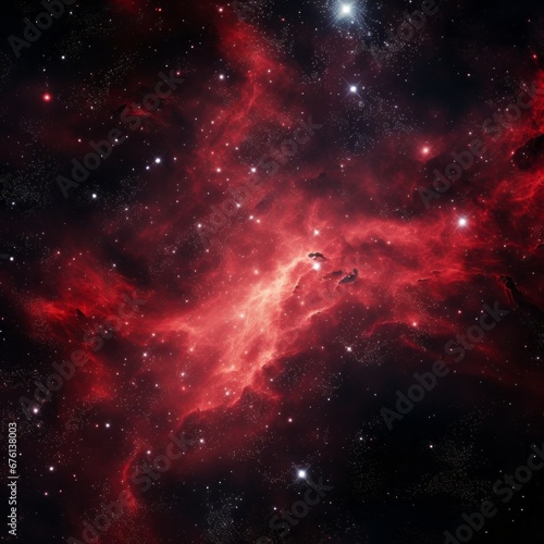 A cosmic expanse filled with stars  planets  and constellations  predominantly bathed in red hues.