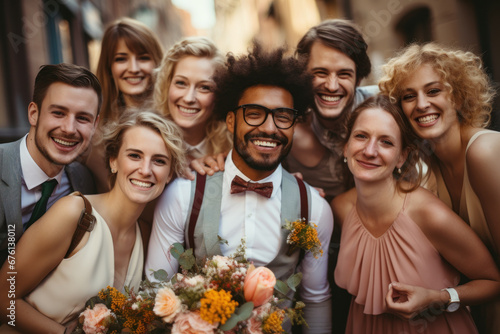 A couple surrounded by supportive friends and family on their wedding day. Generative Ai.