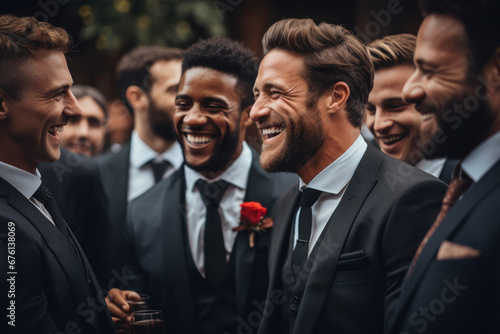 A gay groom being congratulated by his best man and friends before the ceremony. Generative Ai.