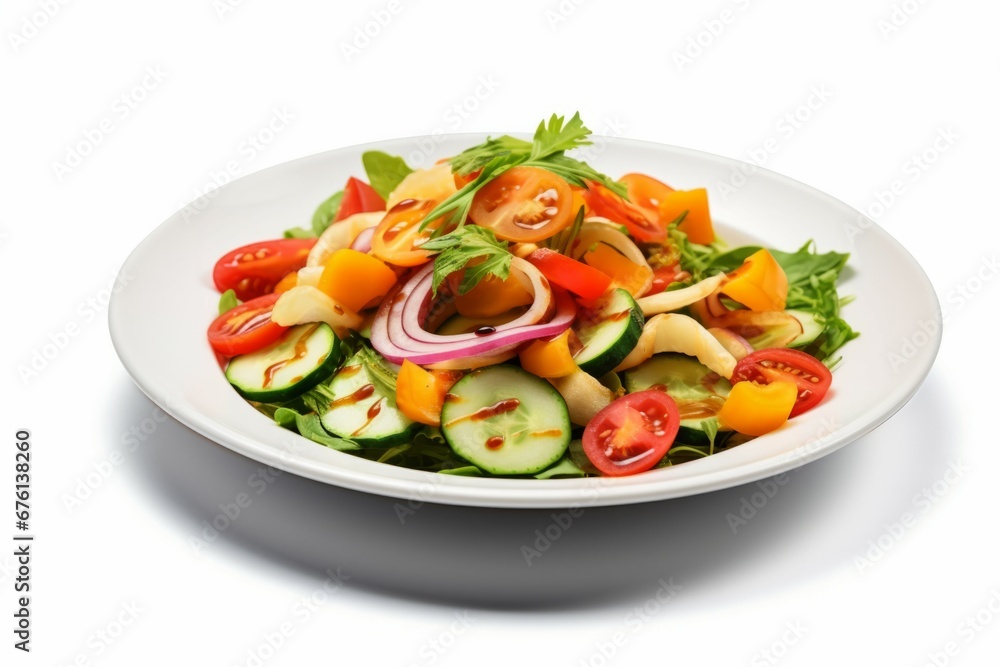 Salad with cheese and fresh vegetables isolated on white background. Mediterrenian salad.