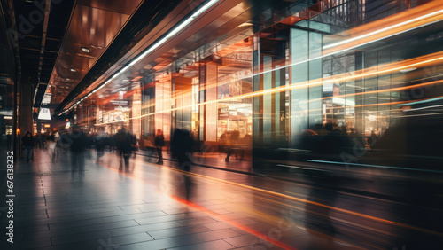 Illuminated urban city skyline at night, with busy blurred motion