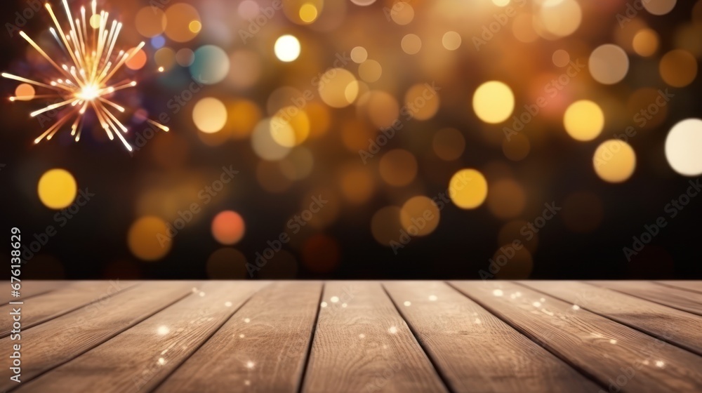 Wood floor empty with bokeh lights on fireworks background, Advertisement, Print media, Illustration, Banner, for website, copy space, for word, template, presentation Wood floor empty with bokeh lights on fireworks background, Advertisement, Print media, Illustration, Banner, for website, copy space, for word, template, presentation