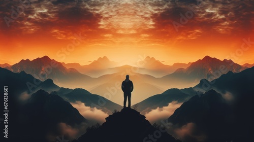 double exposure silhouette photography business male stand and feel happy on the most hight on the mountain, hiking, success, cliff