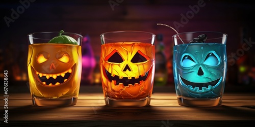 Halloween Themed Colorful Drink Glass with Pumpkin Face. Generative ai