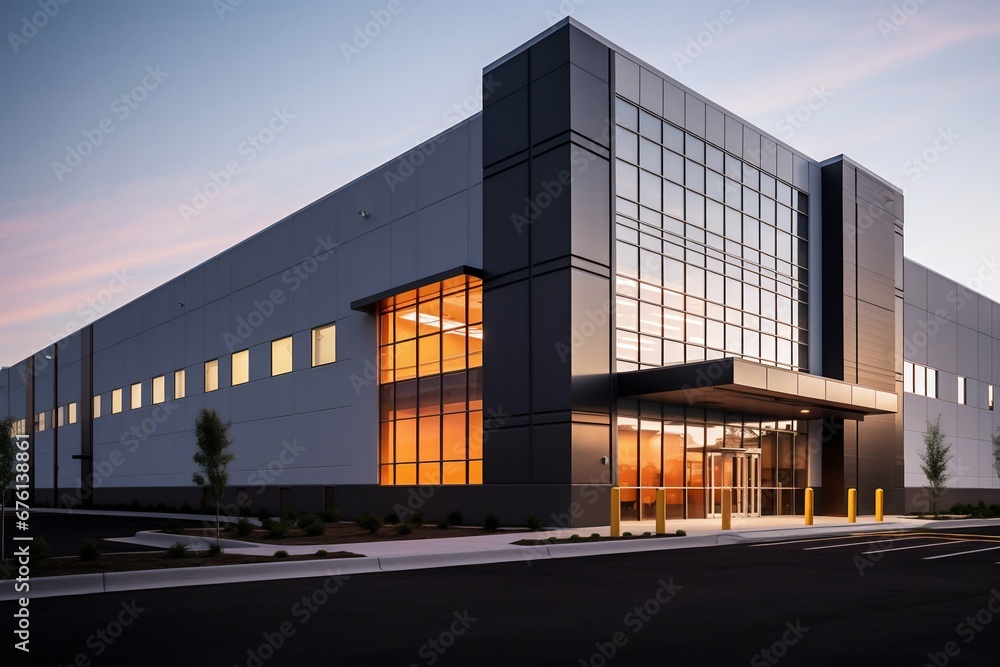 Sleek Steel Exterior of Modern Warehouse Office Building. Generative ai Sleek Steel Exterior of Modern Warehouse Office Building. Generative ai
