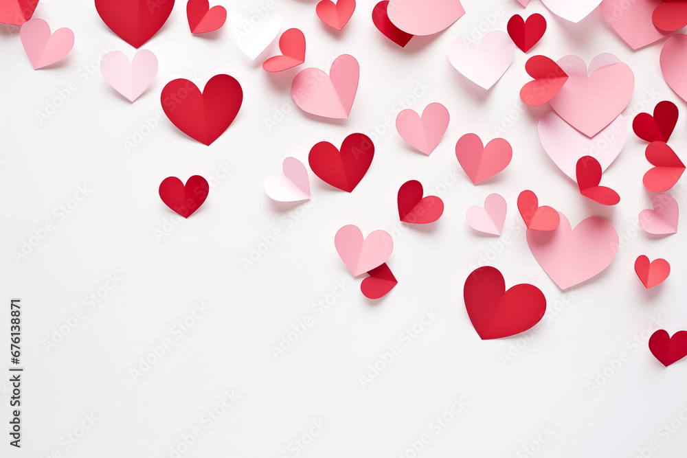Pink and red paper cut hearts on a white background for Valentine's Day