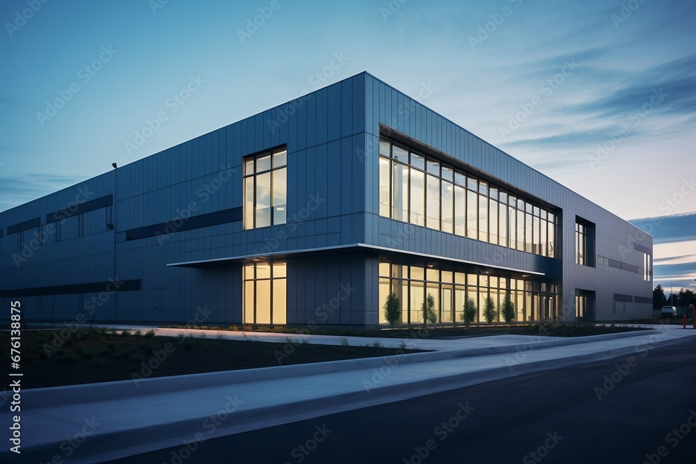 Fototapeta premium Sleek Steel Exterior of Modern Warehouse Office Building. Generative ai