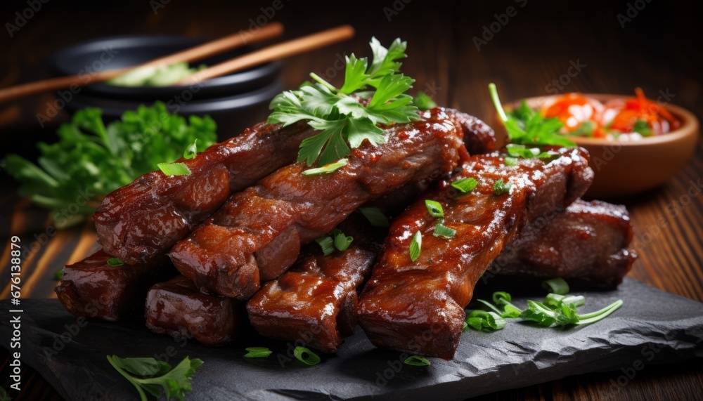 Delectable close up of succulent roasted barbecue pork ribs slices with mouthwatering smoky flavors