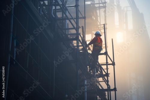 Builder in a hard hat working on the facade of a high-rise building