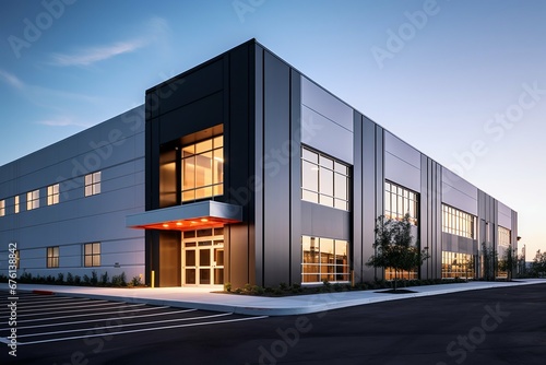 Sleek Steel Exterior of Modern Warehouse Office Building. Generative ai photo