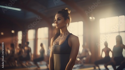Athletic Woman Engaged in Yoga Stretching Class. Generative ai photo