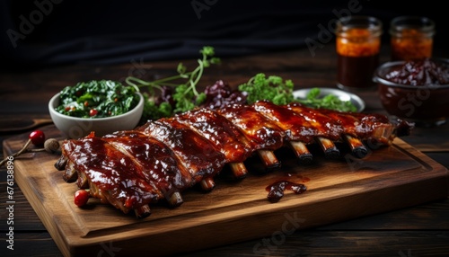 Deliciously barbecued roasted sliced pork ribs close up, juicy and mouthwatering sliced meat