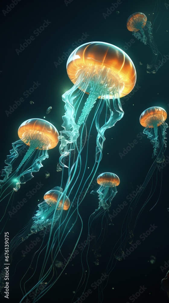 background of jellyfish. Jellyfish swims in the ocean sea, light passes through the water.