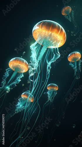background of jellyfish. Jellyfish swims in the ocean sea, light passes through the water. © Jacques Evangelista