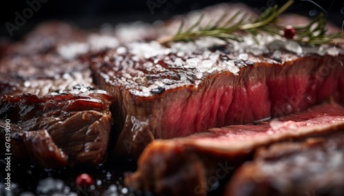 Close up of succulent ribeye steak slices, exuding tempting juiciness and savory flavor photo