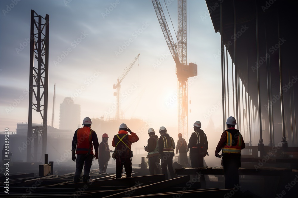 Fototapeta premium A team of construction workers in hard hats working together to insulate a large commercial building
