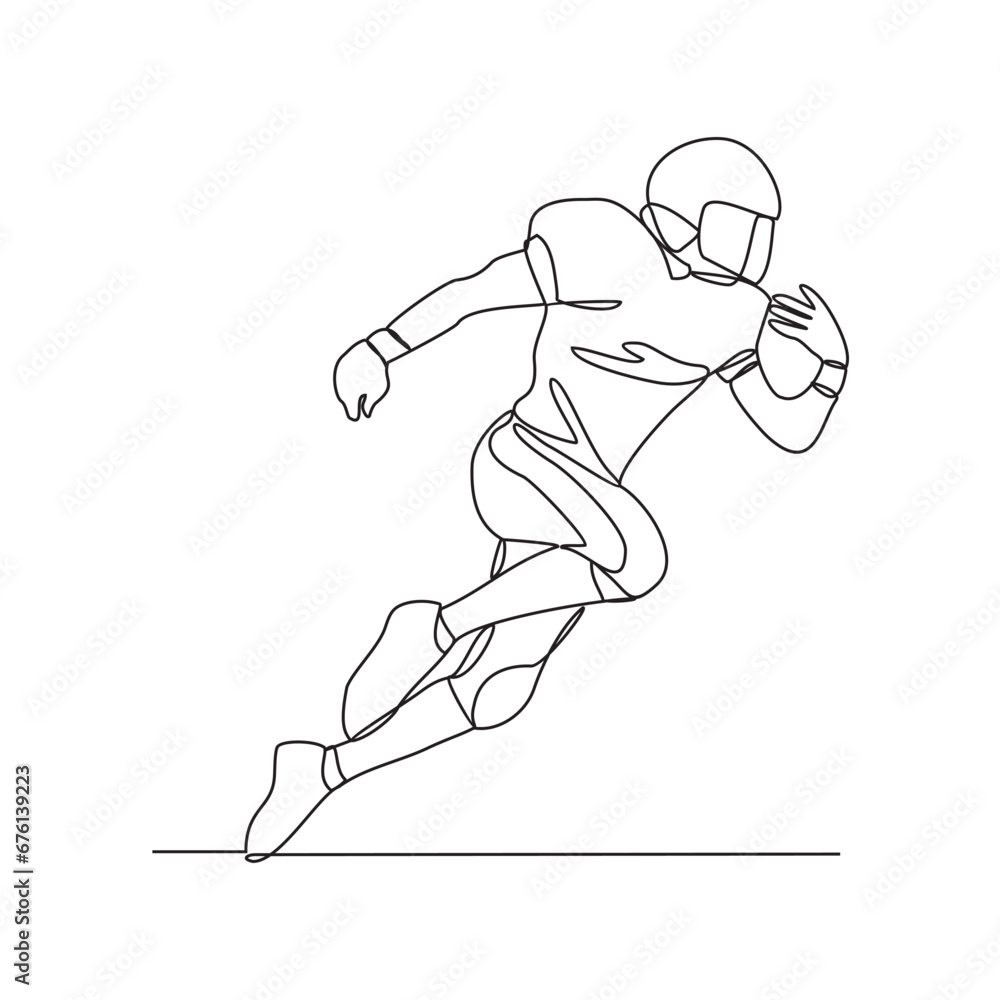 One continuous line drawing of an American football player who is competing on the field vector illustration. Sports design illustration simple linear style vector concept. American football design One continuous line drawing of an American football player who is competing on the field vector illustration. Sports design illustration simple linear style vector concept. American football design