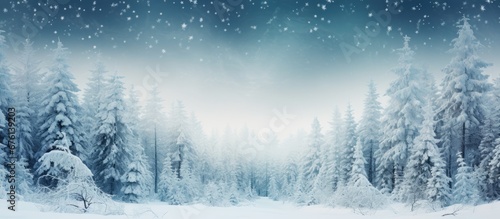 In the winter landscape the white snow covered the forest of tall trees creating a beautiful Christmas background with a pattern of wood textures in shades of green and blue blending seamles © TheWaterMeloonProjec