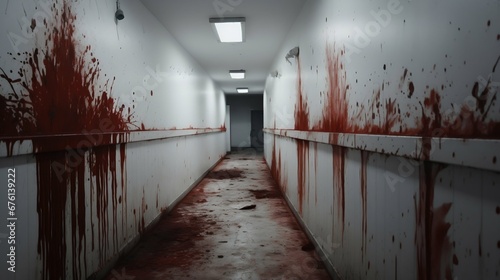 Halloween Horror: Blood-Stained White Hallway. Generative ai © Scrudje
