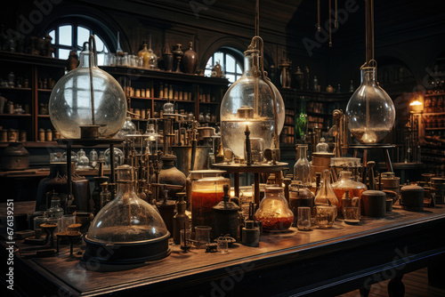 A scientific laboratory with equipment from the 18th century, focusing on historical scientific advancements. Generative Ai.