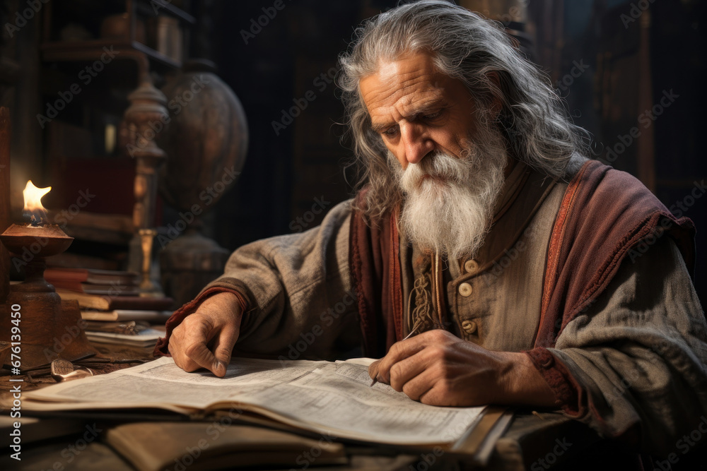 Byzantine scholars translating ancient texts in a scriptorium, exemplifying the preservation of knowledge. Generative Ai. - obrazy, fototapety, plakaty 