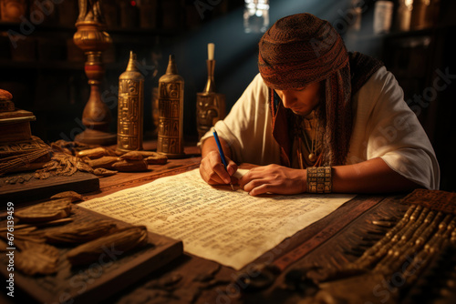Egyptian scribes transcribing religious texts in hieratic script, emphasizing the role of religion in daily life. Generative Ai.