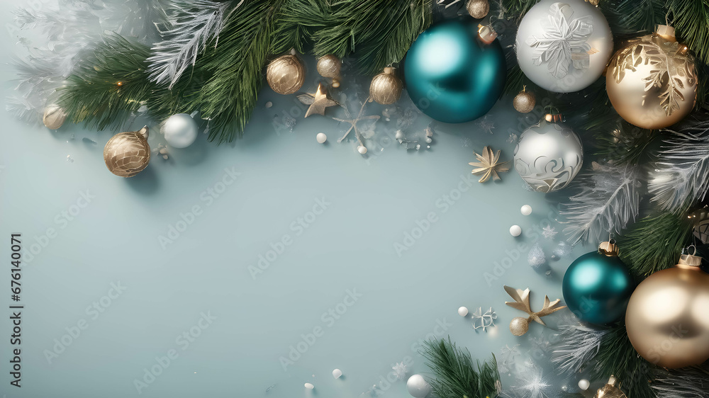 Cold blue Christmas background with ornaments and garland and a free space for texts. Cold blue Christmas background with ornaments and garland and a free space for texts.