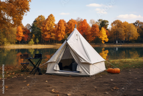 A blank canvas tent in the great outdoors, symbolizing the potential for camping or event mockups. Generative Ai.