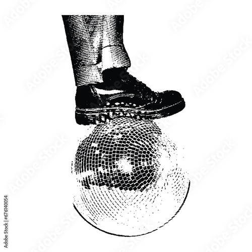 black leather boot on shiny disco ball vector isolated on white