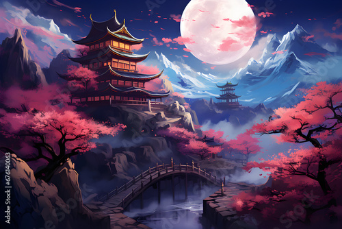 At night, a colorful Chinese temple is located on a mountain, with pink cherry blossom trees and a bright moon behind the mountains, photo