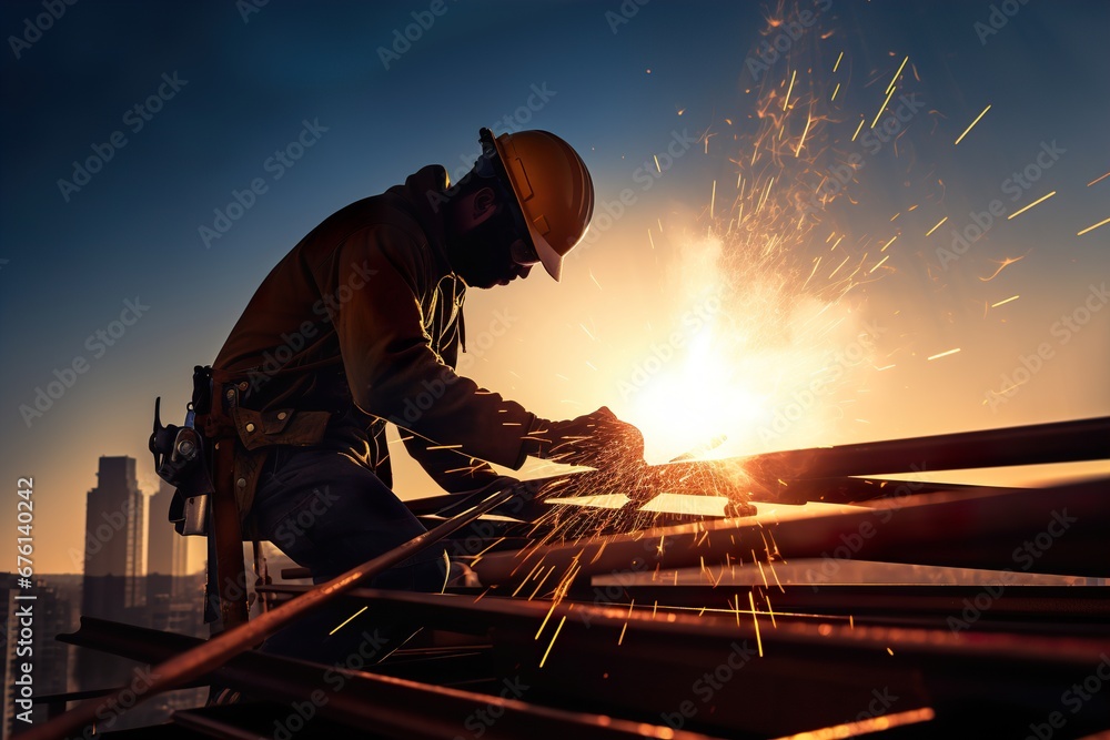 Worker welding steel beams on a high-rise building under construction Worker welding steel beams on a high-rise building under construction