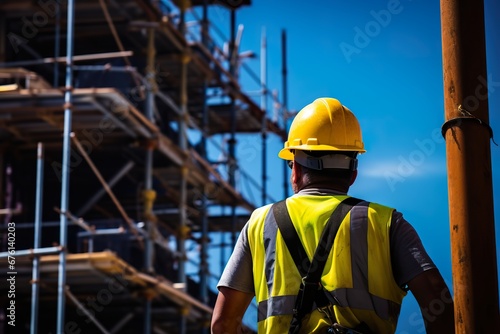 A construction worker standing on a scaffold, surveying the progress of a skyscraper project