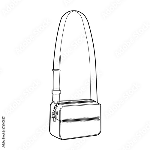 Cross-Body Pouch Bag with removable strap options. Fashion accessory technical illustration. Vector satchel front 3-4 view for Men, women, unisex style, flat handbag CAD mockup sketch outline isolated