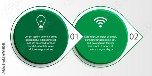 Green 3D infographic design, 2 step infographic with various two interconnected colors, icons, symbols, numbers, text that are in harmony, good for your business presentation.