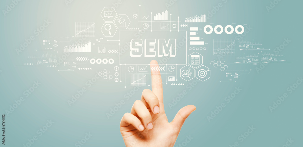 SEM - Search Engine Marketing theme with hand pressing a button on a technology screen SEM - Search Engine Marketing theme with hand pressing a button on a technology screen