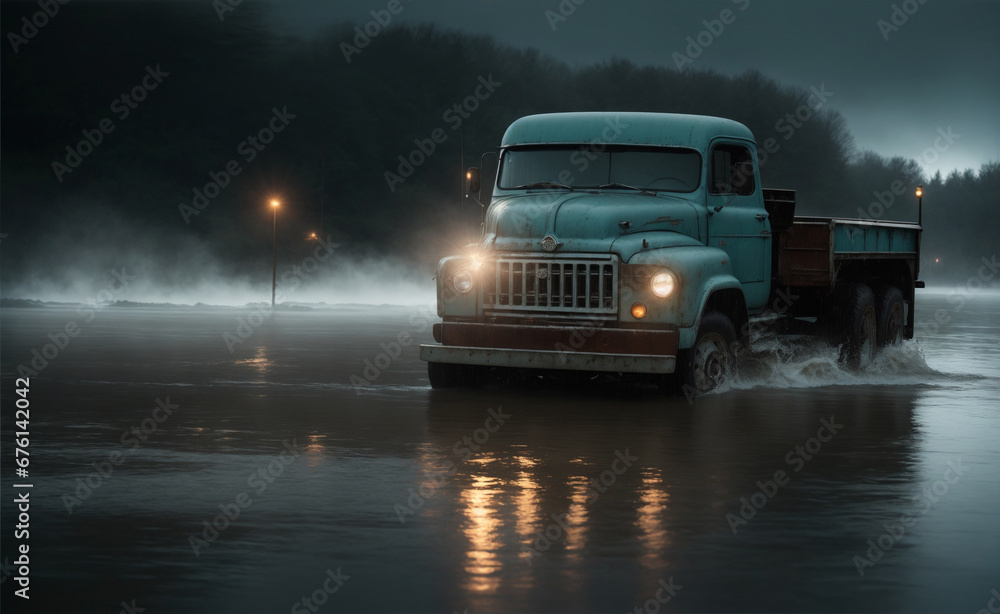 old vintage truck crosses deep and mighty dangerous river