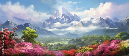 In the vintage garden surrounded by mountains the background of the sky painted a beautiful canvas of white clouds blooming flowers and vibrant floral colors creating a picturesque scene of