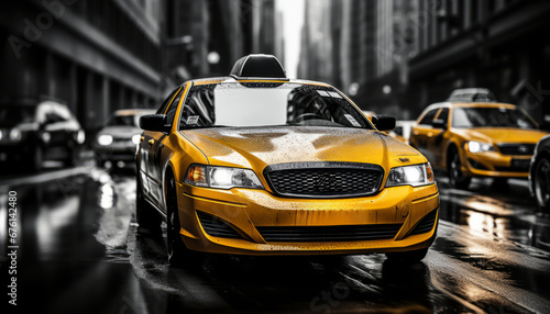 Fotografie, Obraz Vibrant new york city street with motion blurred yellow taxi cabs 16k high quality downtown scene