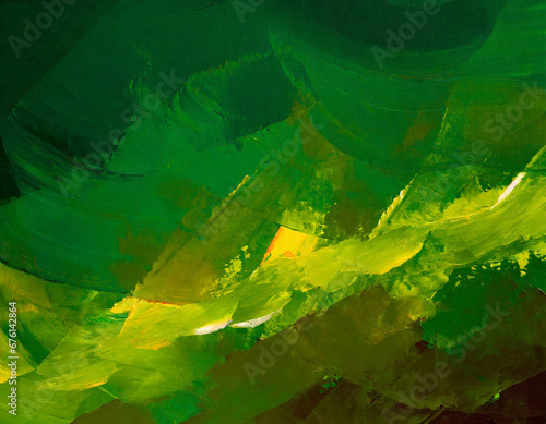 Closeup of abstract rough colorfuldark green art painting texture background wallpaper, with oil or acrylic brushstroke waves, pallet knife paint on canvas photo