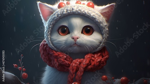 Little kitten with a red scarf. Created with Generative AI.