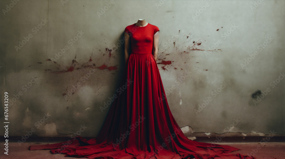 A surreal illustration of a headless life-like mannequin wearing a red dress in an abandoned building. - obrazy, fototapety, plakaty 