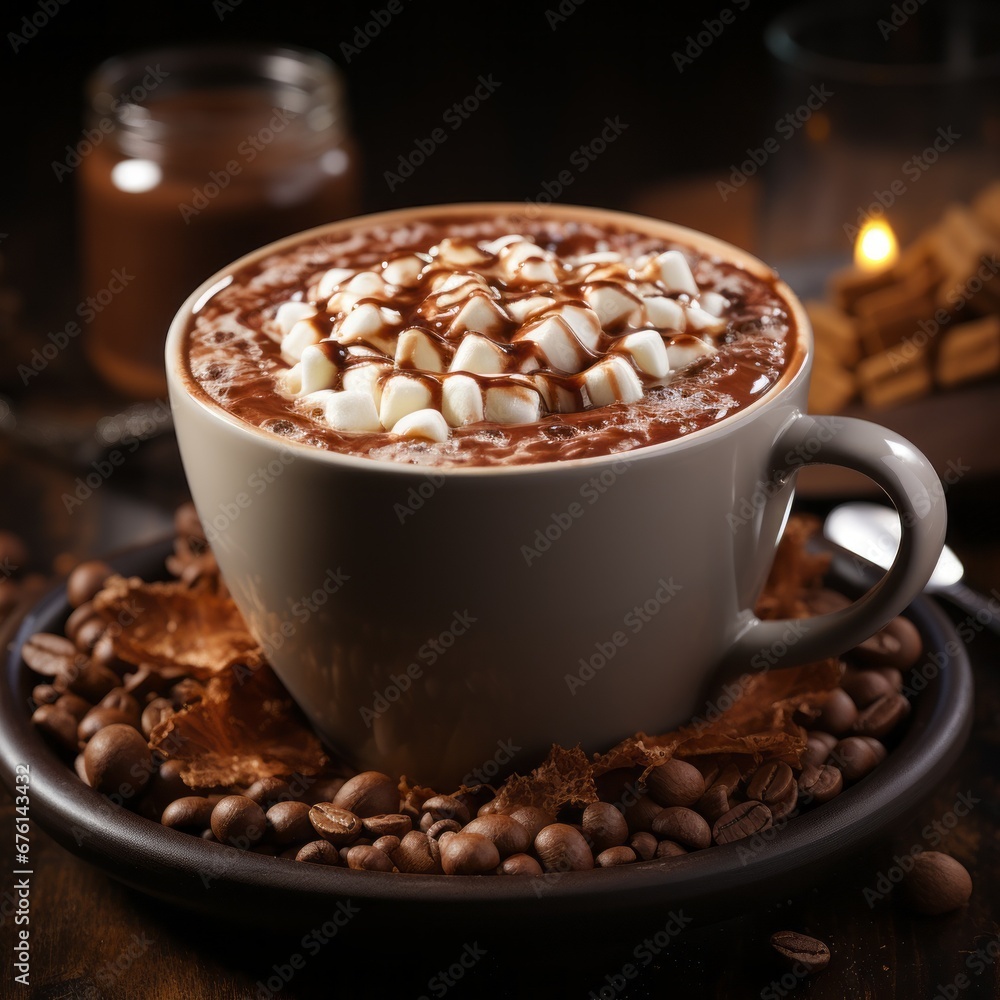 a cup of hot frothy chocolate with whipped cream and marshmallow candies on a saucer, generative ai a cup of hot frothy chocolate with whipped cream and marshmallow candies on a saucer, generative ai