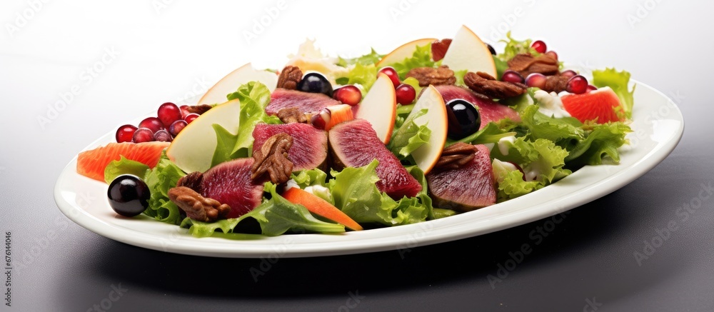 In the white and green themed restaurant the autumn background complements the healthy plate of red meat salad showcasing the nutritious combination of fruits and vegetables In the white and green themed restaurant the autumn background complements the healthy plate of red meat salad showcasing the nutritious combination of fruits and vegetables