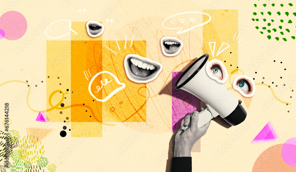 Loudspeaker with human eyes and mouth - Photo collage design - obrazy, fototapety, plakaty 