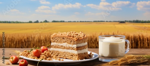 On a holiday day I enjoyed a delicious breakfast at a bakery with a background of wheat fields savoring a milk chocolate cake in the shape of a circle accompanied by a glass of milk It was t